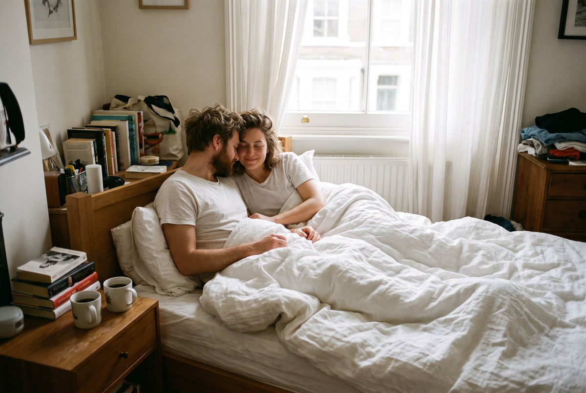Pareja tranquila en la cama por la mañana
